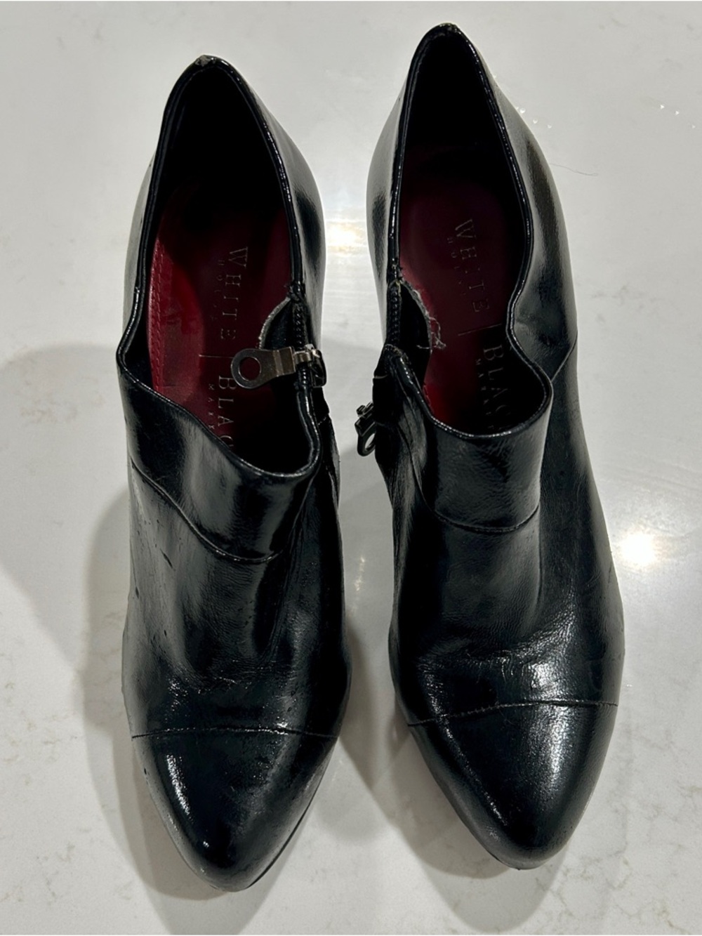 WHBM Black Leather Pointed Toe Heeled Booties